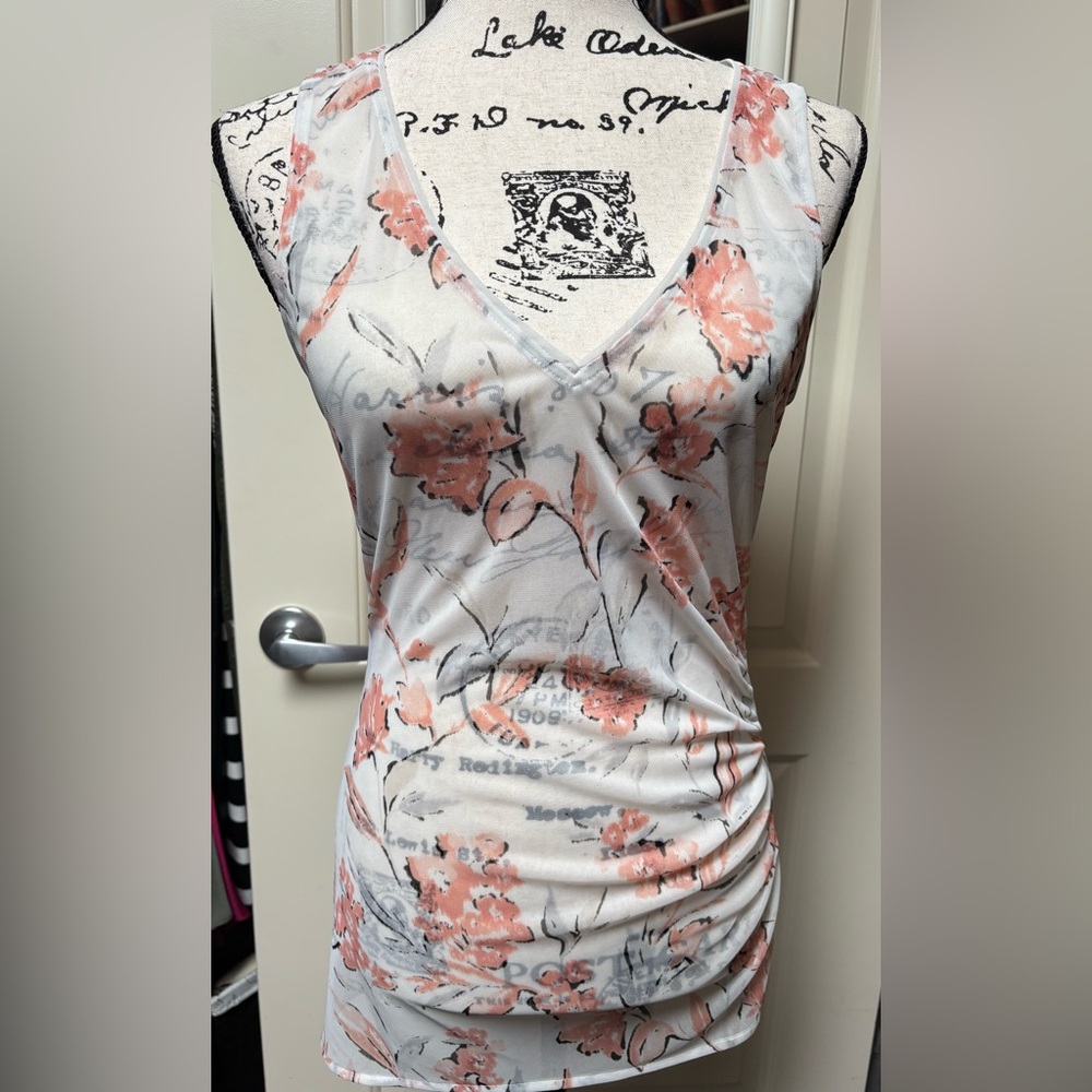 White House Black Market Sheer Pink and Gray Floral Blouse